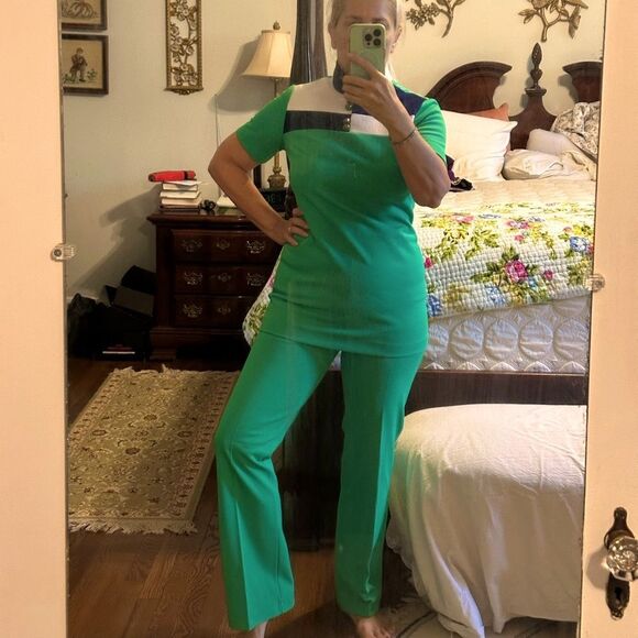 Vtg 60s/70s Young Street Brand Green,‎ Navy Blue & White Double Knit Pant Suit - Picture 2 of 10